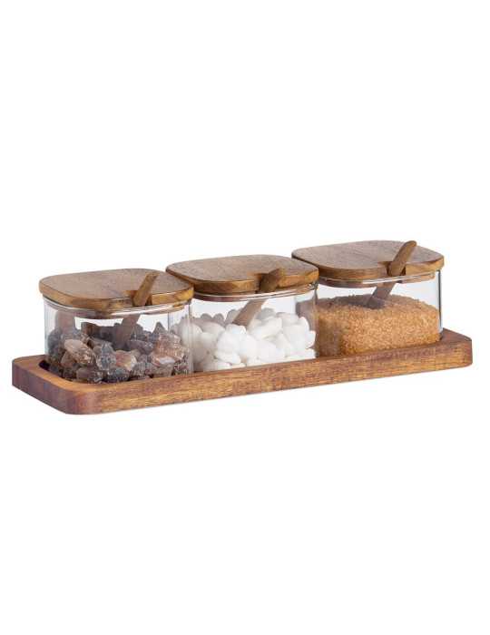 Azucarero de Vidrio y Madera de Acacia, 3 Piezas con Bandeja, 27 x 10,5 x 7 cm ANDREA HOUSE