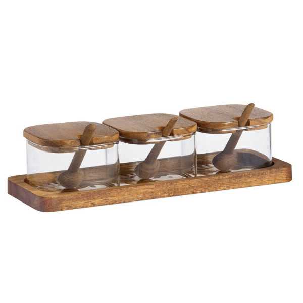 Azucarero de Vidrio y Madera de Acacia, 3 Piezas con Bandeja, 27 x 10,5 x 7 cm ANDREA HOUSE