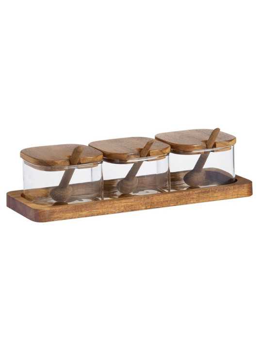 Azucarero de Vidrio y Madera de Acacia, 3 Piezas con Bandeja, 27 x 10,5 x 7 cm ANDREA HOUSE