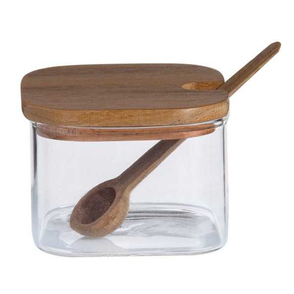 Azucarero de Vidrio y Madera de Acacia, 3 Piezas con Bandeja, 27 x 10,5 x 7 cm ANDREA HOUSE