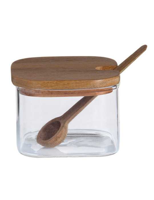 Azucarero de Vidrio y Madera de Acacia, 3 Piezas con Bandeja, 27 x 10,5 x 7 cm ANDREA HOUSE
