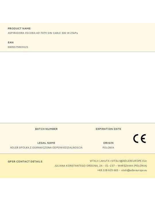 Aspiradora Escoba Ad 7079 sin Cable 300 W 25 kPa ADLER