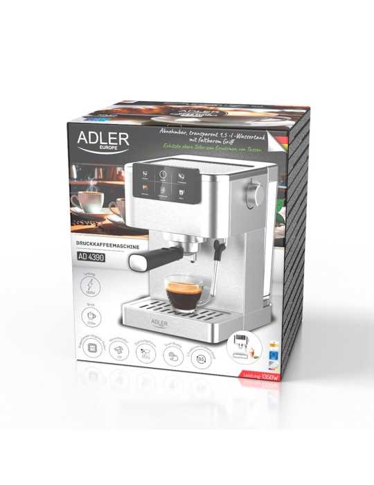 Cafetera Espresso 5 en 1 AD4390, Inox, 1350 W, 20 Bar ADLER
