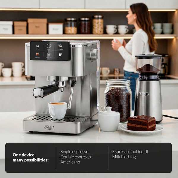Cafetera Espresso 5 en 1 AD4390, Inox, 1350 W, 20 Bar ADLER