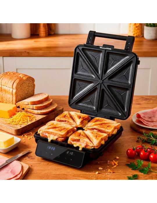 Sandwichera 4en1 AD3096 con Pantalla Táctil, Inox y Negra, 2200 W ADLER