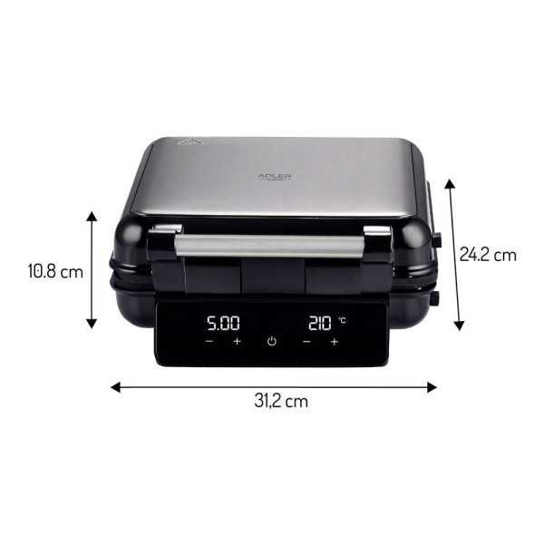 Sandwichera 4en1 AD3096 con Pantalla Táctil, Inox y Negra, 2200 W ADLER