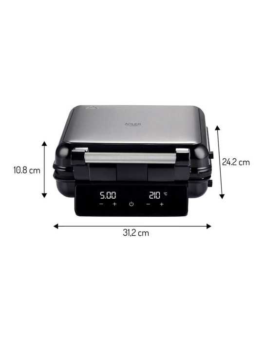 Sandwichera 4en1 AD3096 con Pantalla Táctil, Inox y Negra, 2200 W ADLER
