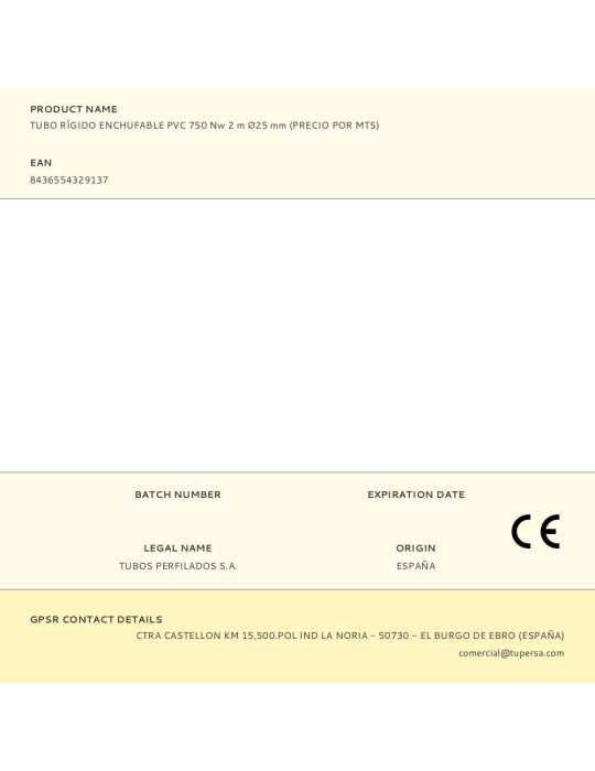 Lote de 50 Unidades Tubo Rígido Enchufable PVC 750 Nw 2 m Ø25 mm (Precio por Mts) TUPERSA