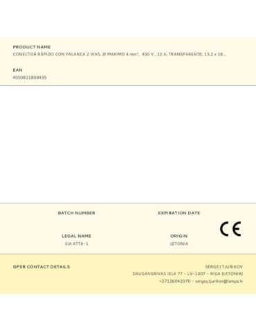 Lote de 100 Unidades Conector Rápido con Palanca 2 Vias, Ø Maximo 4 mm², 450 V , 32 A, Transparente, 13,2 x 18,6 x 8,4 mm WAGO 2