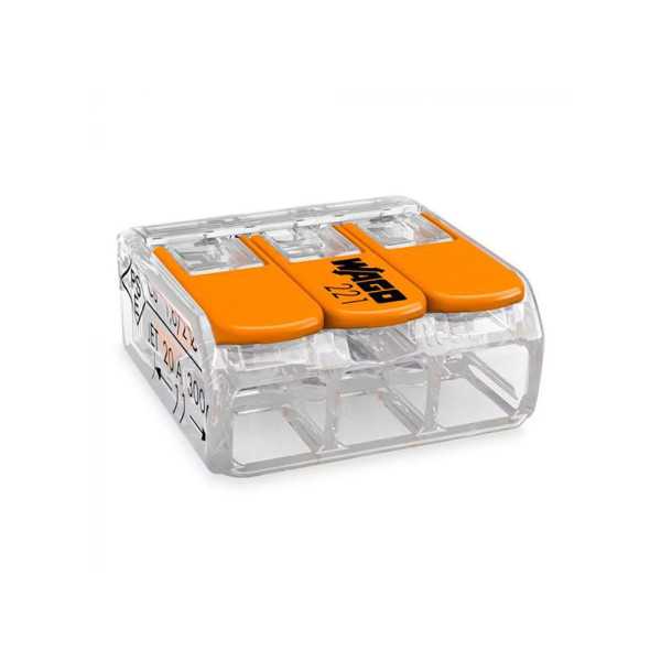 Lote de 50 Unidades Conector Rápido con Palanca 3 Vias, Ø Maximo 4 mm², 450 V , 32 A, Transparente, 18,8 x 18,6 x 8,4 mm WAGO