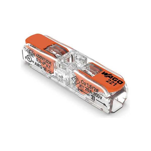 Lote de 60 Unidades Conector Rápido en Linea con Palanca 2 Vias, Ø Maximo 4 mm², 450 V , 32 A, Transparente, 8,1 x 35,5 x WAGO