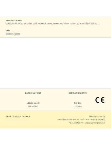 Lote de 60 Unidades Conector Rápido en Linea con Palanca 2 Vias, Ø Maximo 4 mm², 450 V , 32 A, Transparente, 8,1 x 35,5 x WAGO 2