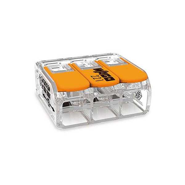 Lote de 30 Unidades Conector Rápido con Palanca 3 Vias, Ø Maximo 6 mm², 450 V , 41 A, Transparente, 22,9 x 21,1 x 10,1 mm WAGO