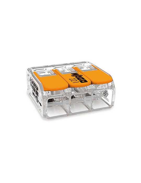 Lote de 30 Unidades Conector Rápido con Palanca 3 Vias, Ø Maximo 6 mm², 450 V , 41 A, Transparente, 22,9 x 21,1 x 10,1 mm WAGO