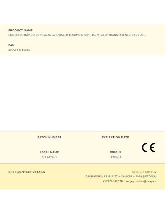 Lote de 30 Unidades Conector Rápido con Palanca 3 Vias, Ø Maximo 6 mm², 450 V , 41 A, Transparente, 22,9 x 21,1 x 10,1 mm WAGO
