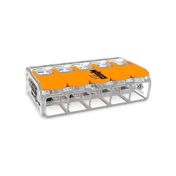 Lote de 15 Unidades Conector Rápido con Palanca 5 Vias, Ø Maximo 6 mm², 450 V , 41 A, Transparente, 36 x 21,1 x 10,1 mm WAGO