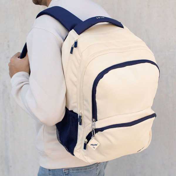 Mochila Escolar 4 Cremalleras, 430 Serie 1918, Beige y Azul Marino, 25 L MILÁN