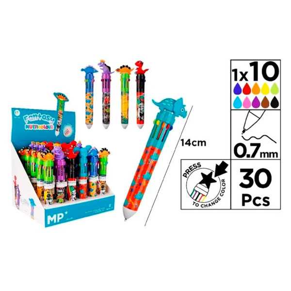 Bolígrafos 10 Colores 0,7mm Dinosaurios, Diseños Surtidos, 30 uds, Expositor MP