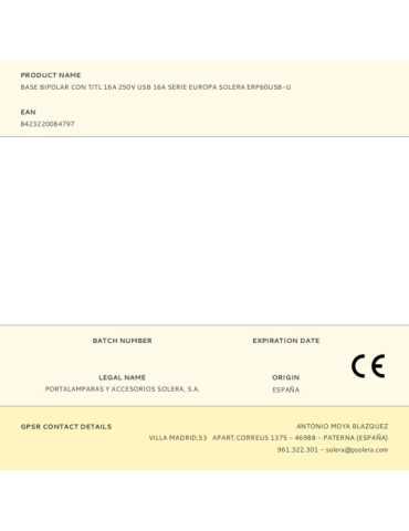 Base Bipolar con T/Tl 16A 250V USB 16A Serie Europa ERP60USB-U SOLERA 2