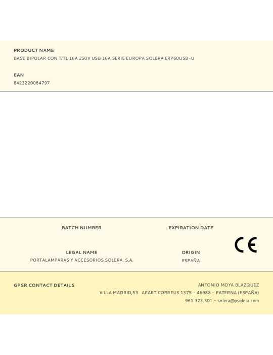 Base Bipolar con T/Tl 16A 250V USB 16A Serie Europa ERP60USB-U SOLERA