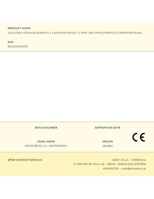 Caja con 2 Schukos Blancos + 2 Schukos Rojos + 2 RJ45 500 Cima Superficie o Empotrar Blanca SIMON