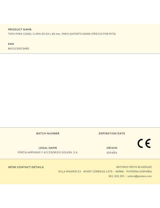 Lote de 36 Unidades Tapa para Canal Clima de 60 x 60 mm, (Precio por Mts) SOLERA