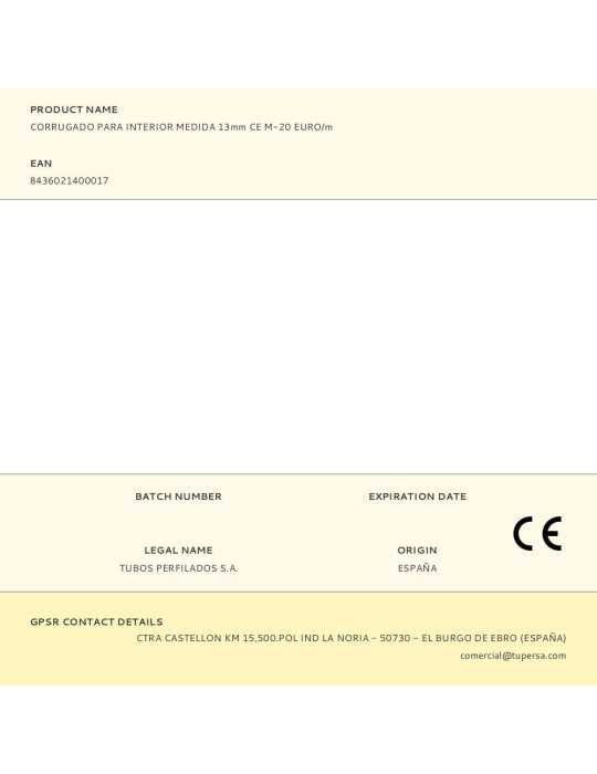 Lote de 100 Unidades Corrugado para Interior Medida 13mm CE M-20 EURO/m TUPERSA