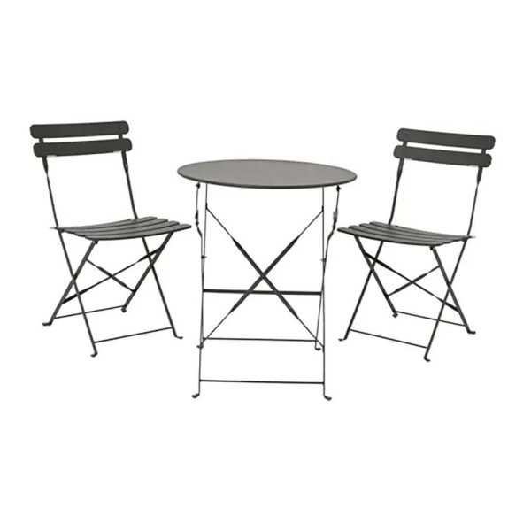 Conjunto de Mesa y 2 Sillas Helsingborg, Plegables, de Acero, Gris Antracita OUTDOOR LIVING BY DECORIS