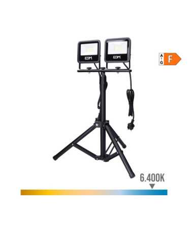 Foco Proyector LED con Trípode, 2 x 30 W, 2 x 2370 lm, 6400 K, Luz Fría, Black Series EDM