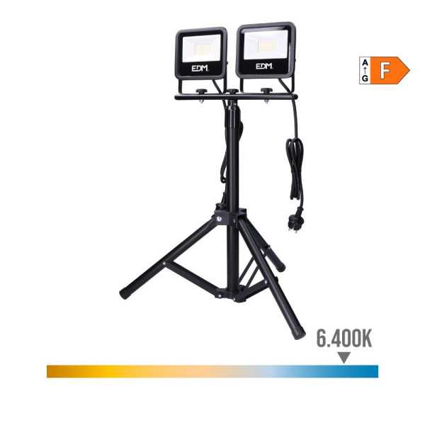 Foco Proyector LED con Trípode, 2 x 30 W, 2 x 2370 lm, 6400 K, Luz Fría, Black Series EDM
