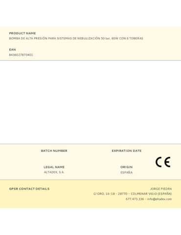 Bomba de Alta Presión para Sistemas de Nebulización 50 bar, 60W con 6 Toberas AQUA CONTROL 2