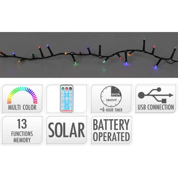 Guirnalda LED Solar 480 LEDS 13 Funciones Parpadeante Exterior Multicolor Cable Verde 20 m BASICS