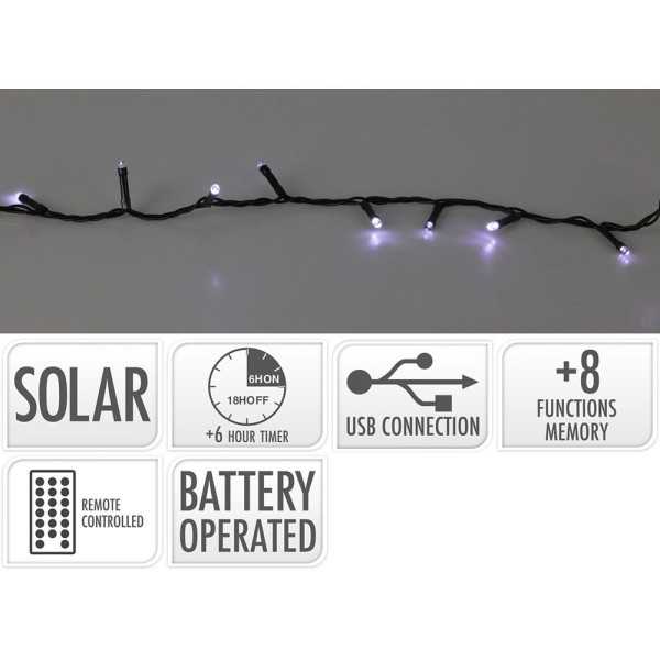 Guirnalda LED Solar 400 LEDS 13 Funciones Parpadeante Exterior Blanco Frio Cable Verde 20 m BASICS