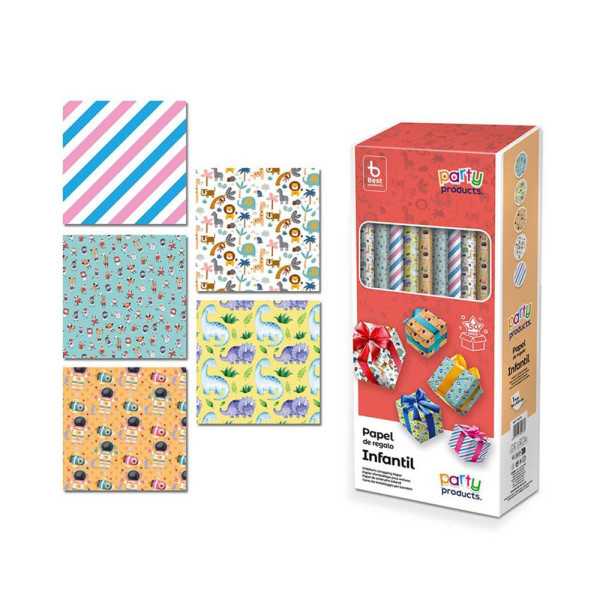 Lote de 50 Unidades Papel Regalo Infantil, 5 Modelos, 70 x 100 cm, 50 uds, Caja PARTY PRODUCTS