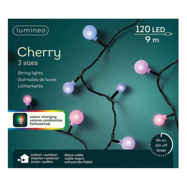 Guirnalda Multifunción, Uso Exterior, Cherry, Multicolor, Cable Negro, 120 LEDS, 9 m LUMINEO