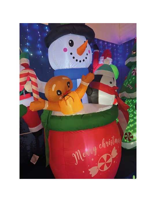 Figura Hinchable con LED para Exterior, Muñeco de Nieve en Taza, 130 x 80 x 183 cm BASICS