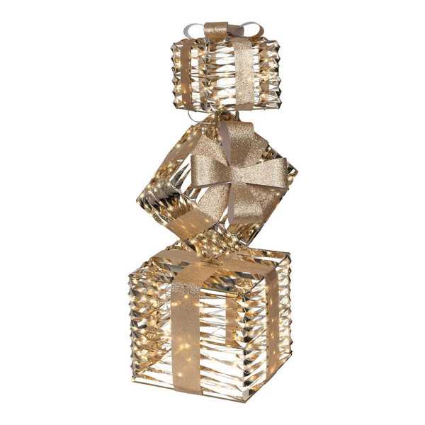 Figura LED Decorativa con Forma de Cajas de Regalo, Uso Exterior, Blanco Cálido, 600 LEDS, 25,5 x 25,5 x 73 cm LUMINEO