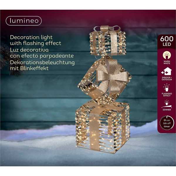 Figura LED Decorativa con Forma de Cajas de Regalo, Uso Exterior, Blanco Cálido, 600 LEDS, 25,5 x 25,5 x 73 cm LUMINEO