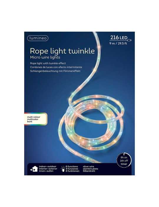 Cordón de Luces LED Multicolor, Uso Exterior, 216 LEDS, 8 Funciones, Alambre Plateado, 9 m LUMINEO