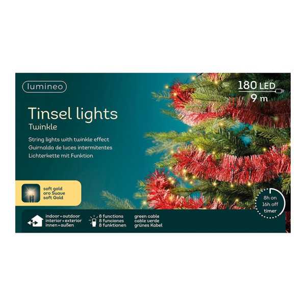 Guirnalda Espumillón Rojo, Multifunción, Uso Exterior, Oro Suave, 180 LEDS, 9 m LUMINEO