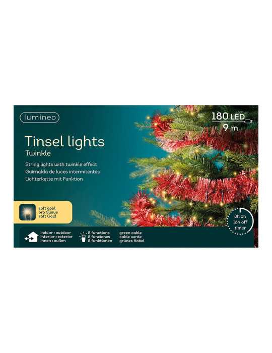 Guirnalda Espumillón Rojo, Multifunción, Uso Exterior, Oro Suave, 180 LEDS, 9 m LUMINEO