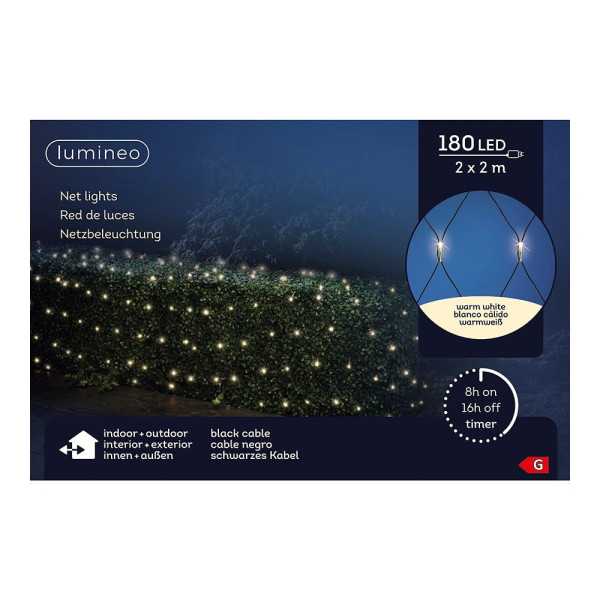 Red de Luces con Función Fija, Uso Exterior, Blanco Cálido, 180 LEDS, 2 x 2 m LUMINEO
