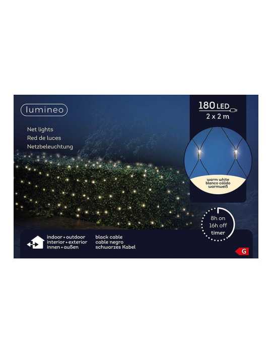 Red de Luces con Función Fija, Uso Exterior, Blanco Cálido, 180 LEDS, 2 x 2 m LUMINEO