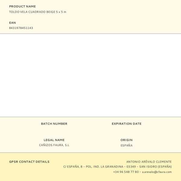Toldo Vela Cuadrado Beige 5 x 5 m FAURA
