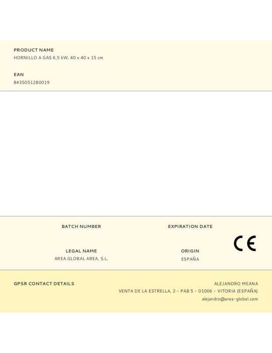 Hornillo A Gas Chapa 6,5 kW, 40 x 40 x 15 cm ELMA