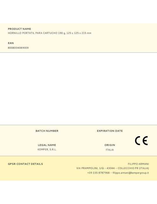 Hornillo Portátil para Cartucho 190 g, 125 x 125 x 215 mm KEMPER