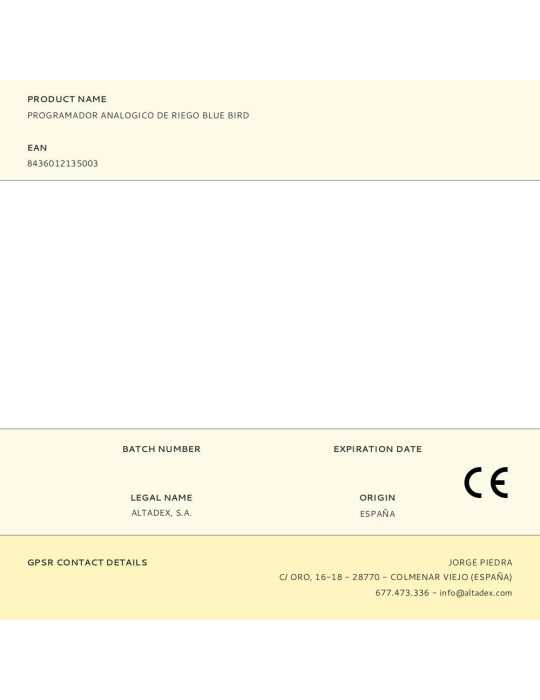 Programador de Riego Analógico BLUE BIRD-ALTADEX
