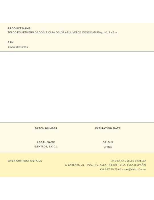 Toldo Polietileno de Doble Cara Color Azul/Verde, Densidad 90 g / m², 5 x 8 m EDM