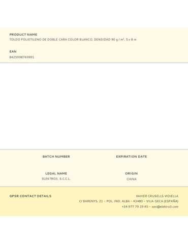 Toldo Polietileno de Doble Cara Color Blanco, Densidad 90 g / m², 5 x 8 m EDM 2
