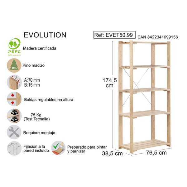 Estanteria Alistonada Evolution 5 Pino Macizo 76,5 x 38,5 x 174,5 cm ASTIGARRAGA
